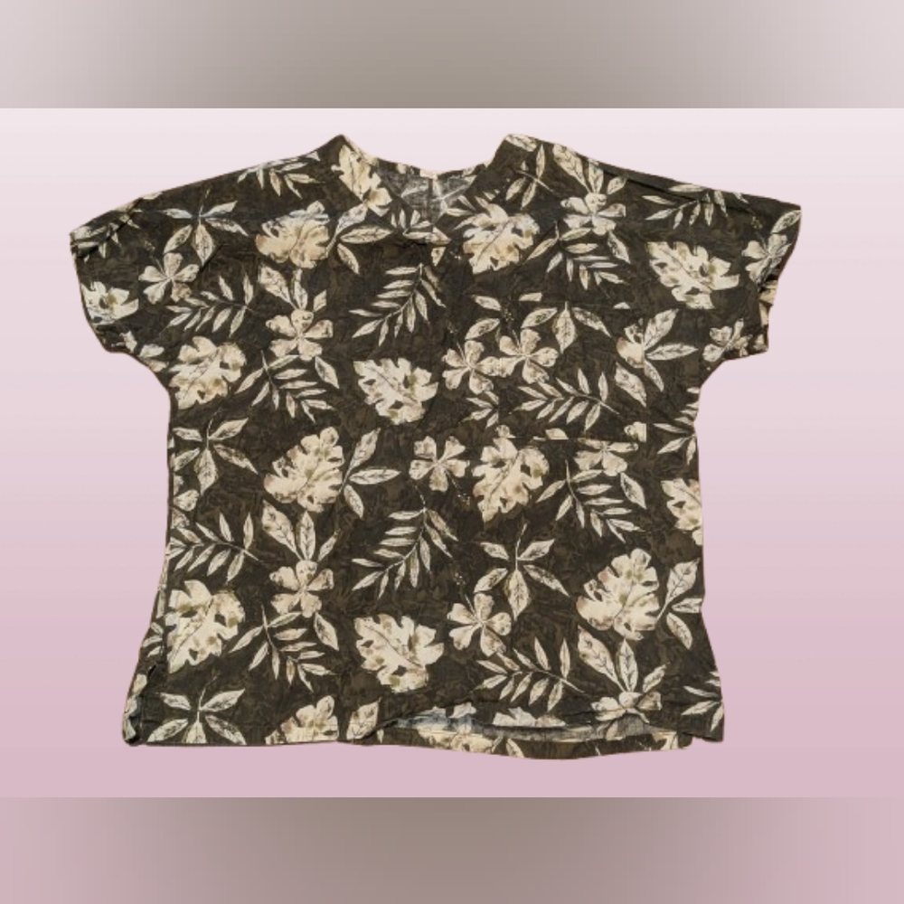 Tropical Print Women's Scrub Top Tunic Olive and Cream Size Medium